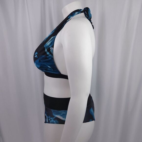 BlackāandĀ Blue Abstract Pattern Low Cut Halter Top and Swim Brief Bikini Set - Picture 4 of 7